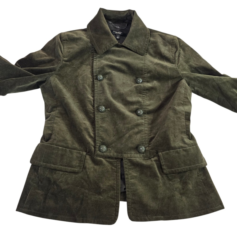 Talbots Velvet Coat Womens Olive Green Size 4 Double Breasted Whimsygoth Unique